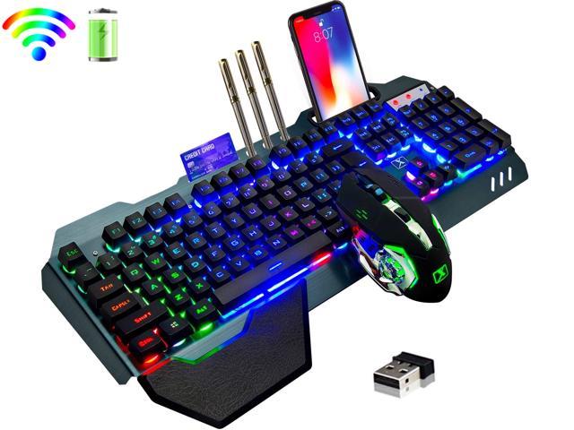 Wireless Gaming Keyboard and Mouse, Rainbow Backlit Rechargeable Keyboard Mouse with 3800mAh Battery Metal Panel, Removable Hand Rest Mechanical Feel.