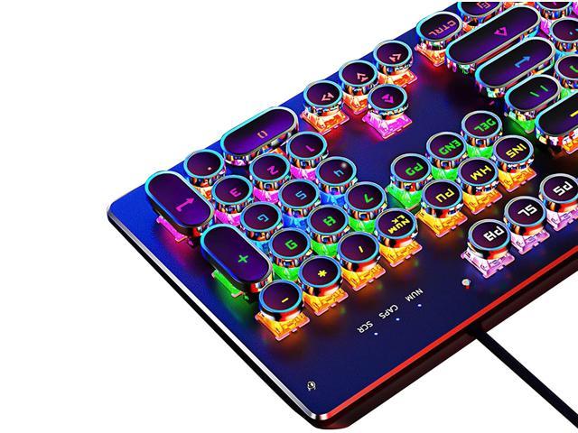 Mannajue Mechanical Light Up Keyboard with LED Backlit, Typewriter Style Gaming Keyboard with 104-Key Blue Switch Round Keycaps, Retro Steampunk.