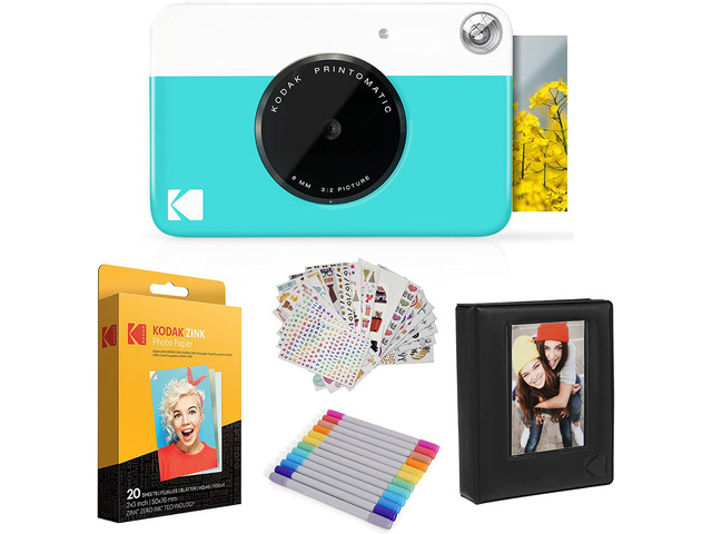Kodak Printomatic Instant Camera (Blue) Gift Bundle + Zink Paper (20 Sheets) + Case + 7 Sticker Sets + Markers + Photo Album.