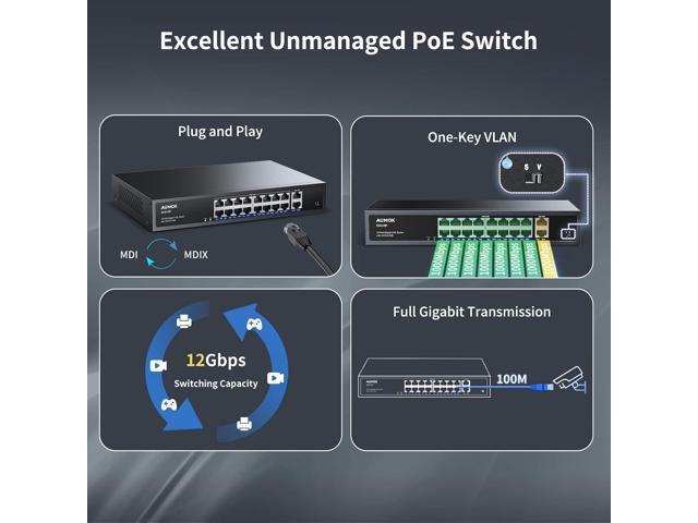 18-Port Ethernet Gigabit PoE Switch, 16-Port PoE with 2 Uplink Gigabit Ports, 250W Built-in Power, Metal Casing and 19-inch Rackmount, Traffic...