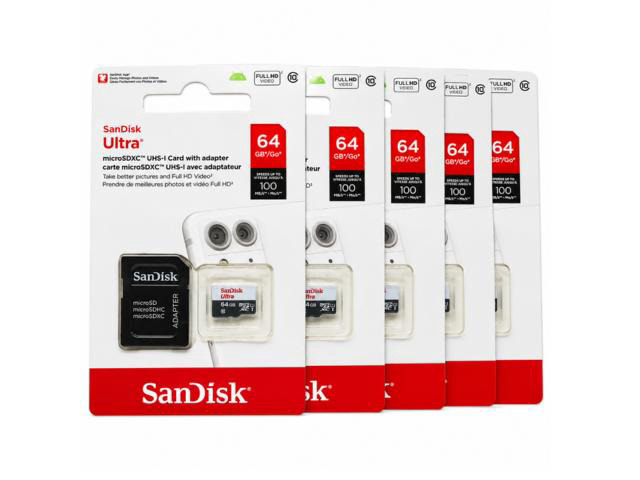 SanDisk Ultra 64GB microSDXC UHS-I Memory Card with SD Adapter, Class 10, Up to 100MB/s, Pack of 5