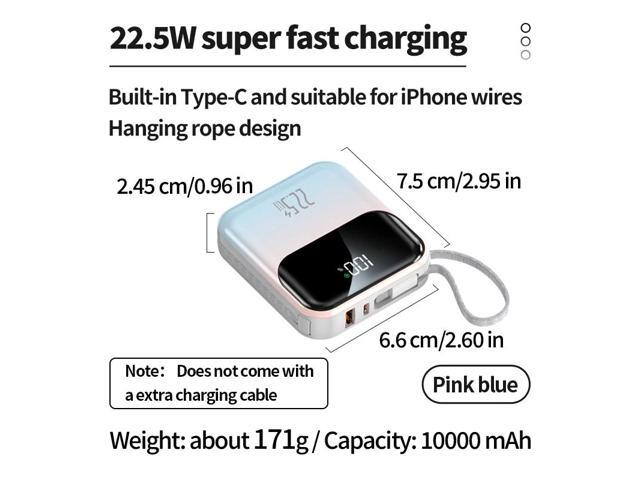 20000mAh compact portable power bank, 22.5W super fast charging, with built-in charging cable