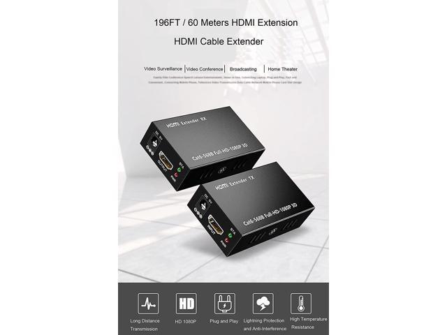 HDMI Extender 196ft/60m Over LAN Single CAT5e/CAT6A/CAT7,HDMI to RJ45 Network Adapter,RJ45 to HDMI Uncompressed 1080P@60Hz,Direct 1 to 1...