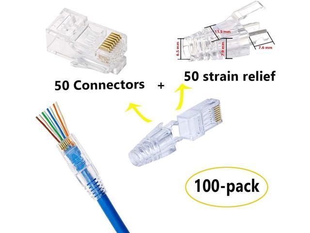 PETECHTOOL RJ45 CAT6 Pass Through Connectors Gold Plated 8P8C Plugs and Strain Relief (50xcat6plug+50xstrain Relief)