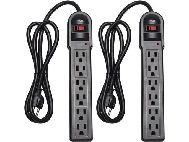 KMC 6-Outlet Surge Protector Power Strip 2-Pack, 900 Joules, 4-Foot Extension Cord, Overload Protection, Black