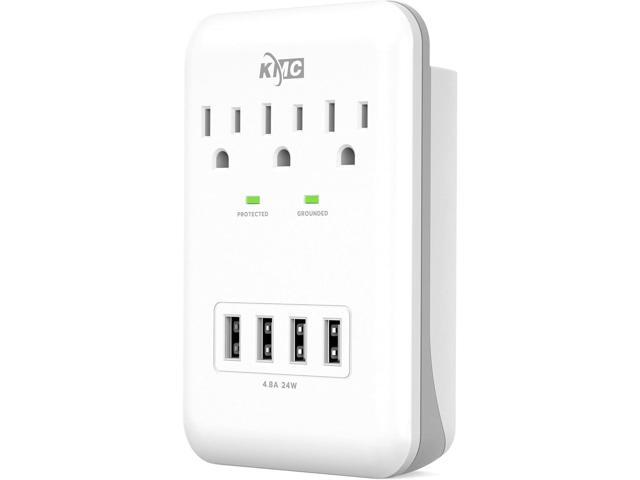 KMC 3-Outlet Wall Mount Surge Protector, 900 Joules, 4 USB 4.8 AMP USB Charging Ports, Phone Holder Cradle for Home, School or Office, ETL Certified