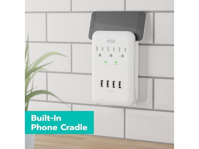 KMC 3-Outlet Wall Mount Surge Protector, 900 Joules, 4 USB 4.8 AMP USB Charging Ports, Phone Holder Cradle for Home, School or Office, ETL Certified