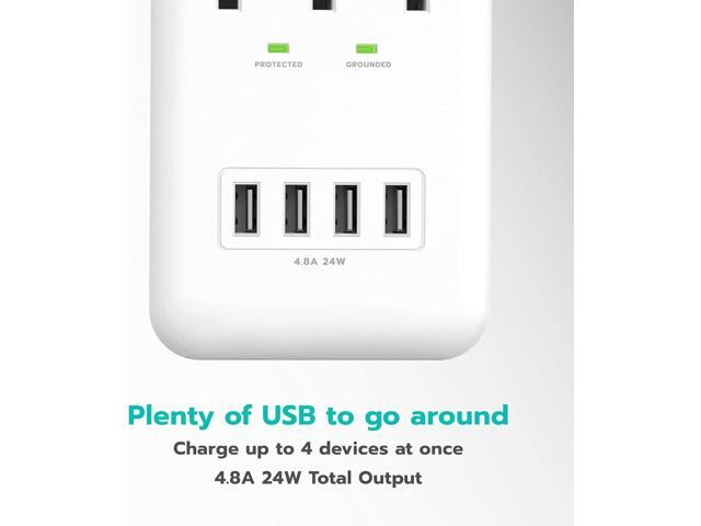 KMC 3-Outlet Wall Mount Surge Protector, 900 Joules, 4 USB 4.8 AMP USB Charging Ports, Phone Holder Cradle for Home, School or Office, ETL Certified
