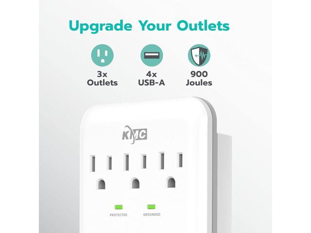 KMC 3-Outlet Wall Mount Surge Protector, 900 Joules, 4 USB 4.8 AMP USB Charging Ports, Phone Holder Cradle for Home, School or Office, ETL Certified