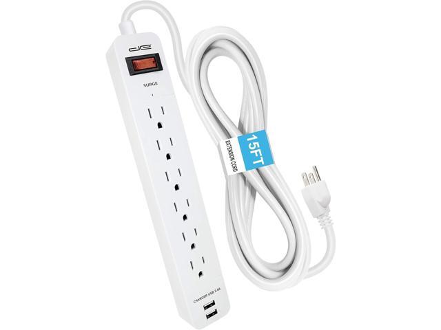 Digital Energy 6-Outlet + 2 USB 1050 Joule Surge Protector Power Strip with 15-Ft Long Extension Cord, White, UL Listed