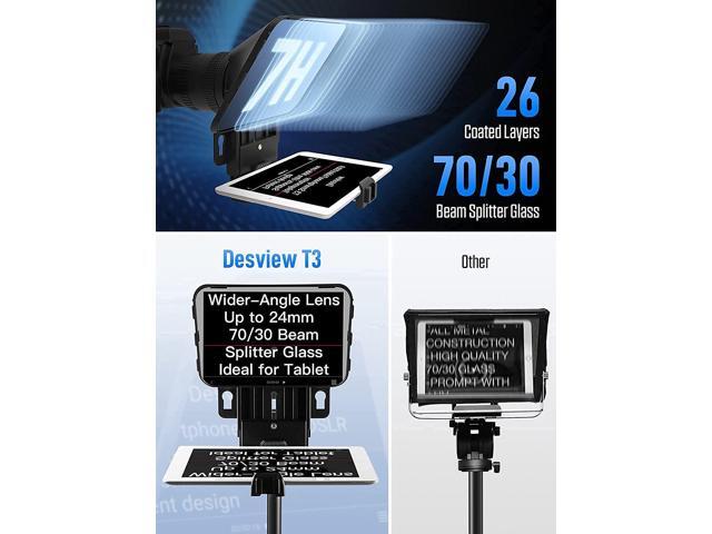 Desview T3 Teleprompter, Teleprompters for Smartphone Tablets up to 11 inch 70/30 Beam Splitter Glass with Remote Control for Camera Video...