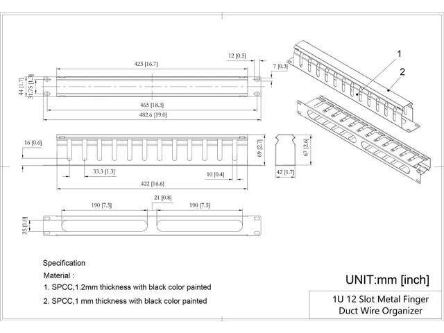 2 Pack- All Metal 19 Inch Cable Manager Horizontal Rack Mount Organizer with 12 Big Slots Cable Management System (1UCM12S2PC)