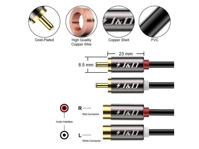 J & D 2 RCA Extension Cable, RCA Cable, Gold Plated Copper Shell Heavy Duty 2 RCA Male to Female Stereo Audio Extension Cable, 3 Feet