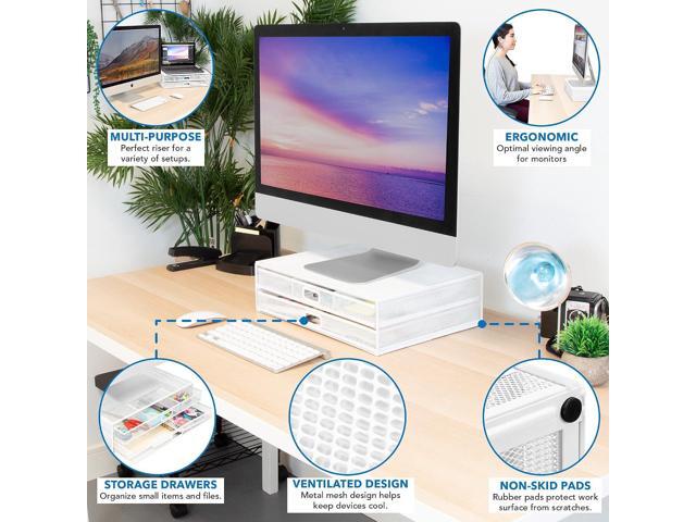 Mount-It! Mesh Computer Monitor Stand Riser [Metal] Desk Organizer with Two Pullout Storage Drawers for Desktop, Laptop, and Printer Accessories...
