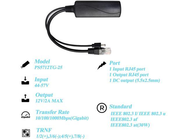 REVODATA Gigabit PoE Splitter 12V/2A DC5.5 * 2.5mm Connector, 48V PoE to DC 12V/2A Output, Compatible DC 5.5 * 2.1 mm, IEEE802.3af/at...