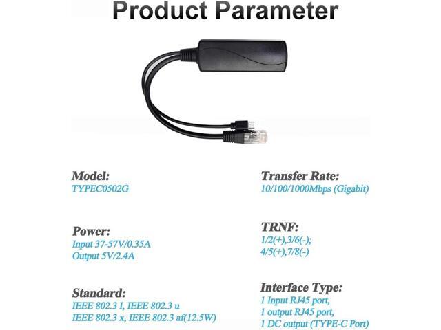 Gigabit Type C PoE Splitter 5V 2.4A, IEEE 802.3af Standard, 10/100/1000Mbps Type C Power Over Ethernet Splitter for 5v Devices, iPads, USB,...