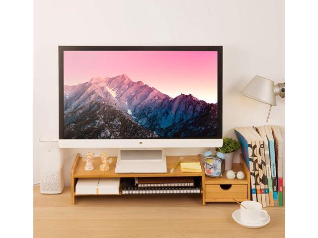 Monitor Stand Riser Desk Organizer-Bamboo 2 Tier Laptop Stand With Drawers, Adjustable Desktop Storage Organizer For Computer, Printer,...