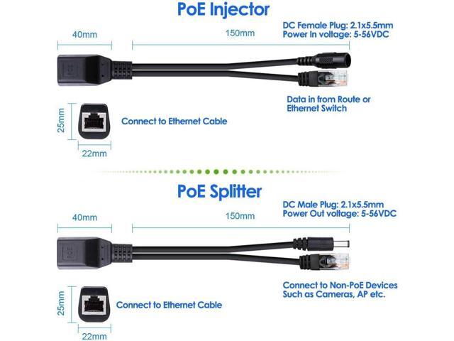 Passive PoE Injector and Splitter Power Over Ethernet Kit with 5.5x2.1 mm DC Plug for IP Security Camera- 2 Pairs