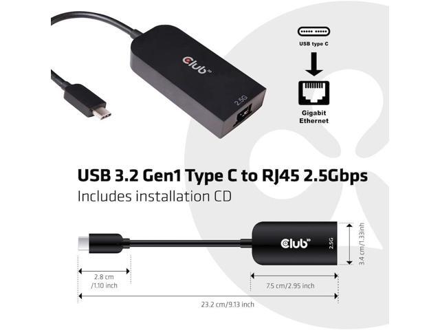 Club 3D Cac-1520 USB 3.2 Type C to Rj45 2.5 Gigabit LAN Ethernet Cable Adapter Windows 10, 8.1, Mac OSX 10.6 to 10.13
