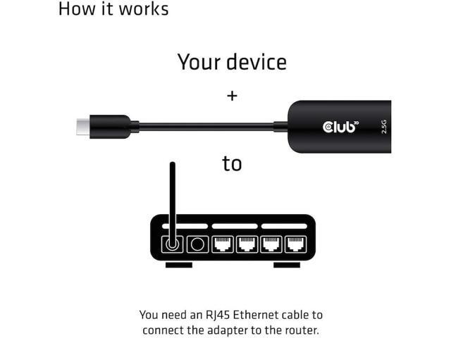 Club 3D Cac-1520 USB 3.2 Type C to Rj45 2.5 Gigabit LAN Ethernet Cable Adapter Windows 10, 8.1, Mac OSX 10.6 to 10.13