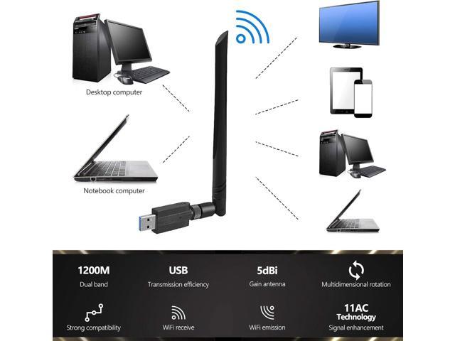 USB WiFi Adapter 1200M WiFi Dongle High Speed 802.11ac 5dBi Dual Band 2.4/5GHz Wireless Network Adapter for PC/Desktop/Tablet/Laptop, Compatible...