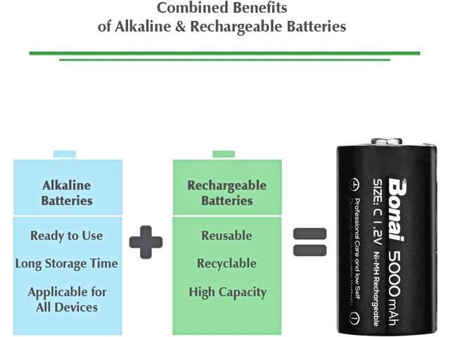 BONAI Rechargeable C Batteries 5,000mAh 1.2V Ni-MH High Capacity High Rate C Size Battery C Cell Rechargeable Batteries (8 Pack)