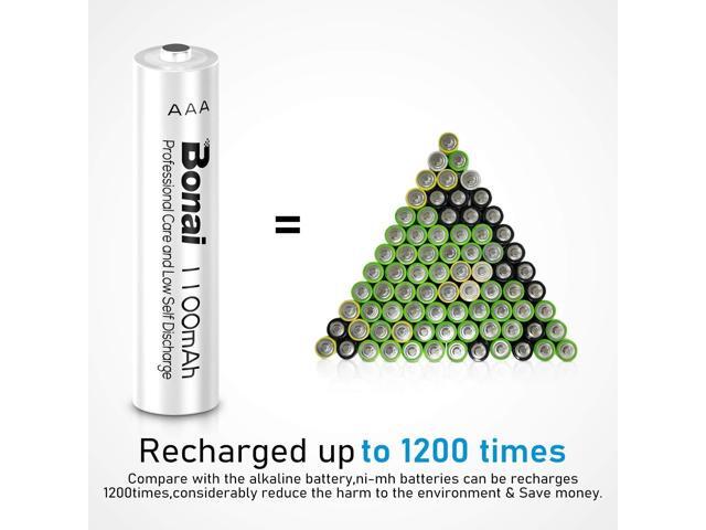 BONAI Rechargeable AAA Batteries 1100 MAh NiMH High-Capacity Recharge up to 1200x 16-Pack Pre-Charged