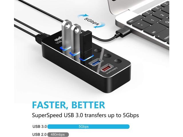 Powered USB Hub, Aluminum 5-Port USB 3.0 Hub with 4 USB 3.0 Data Ports and 1 USB Smart Charging Port, USB Splitter with 5V/3A Power Adapter and...