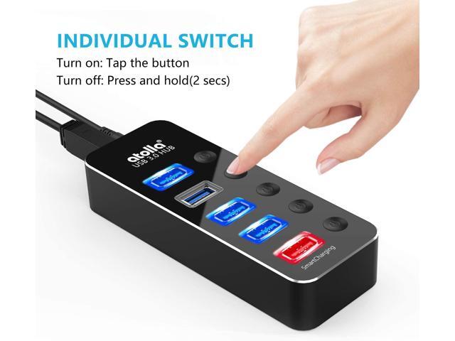 Powered USB Hub, Aluminum 5-Port USB 3.0 Hub with 4 USB 3.0 Data Ports and 1 USB Smart Charging Port, USB Splitter with 5V/3A Power Adapter and...