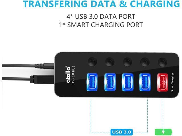 Powered USB Hub, Aluminum 5-Port USB 3.0 Hub with 4 USB 3.0 Data Ports and 1 USB Smart Charging Port, USB Splitter with 5V/3A Power Adapter and...