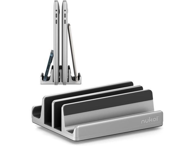 Vertical Laptop Stand - SPACEMax Adjustable - Nukoi GRIPLock Anti-Tip Silicone 4 Slots Aluminum Desktop Holder - Double Dock Stand - 2 Phone Slots.