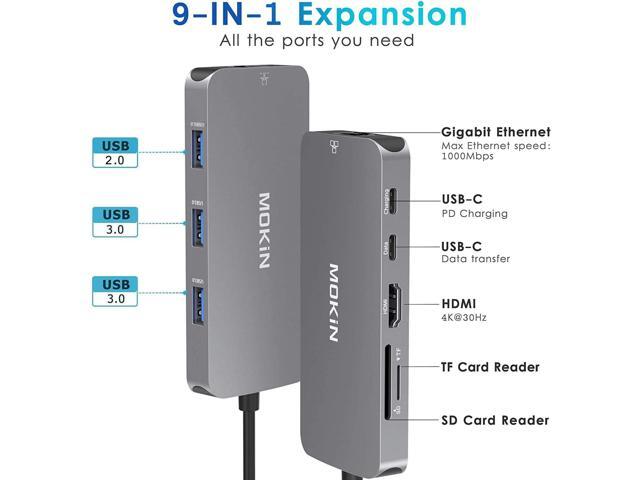 USB C Adapters for MacBook Pro/Air,Mac Dongle with 3 USB Port,USB C to HDMI, USB C to RJ45 Ethernet,MOKiN 9 in 1 USB C to HDMI Adapter,100W Pd...