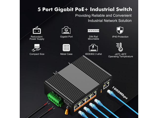 MokerLink 5 Port PoE Gigabit Industrial DIN-Rail Ethernet Switch, 14Gbps Switching Capacity, IP40 Rated Network Switch (-40 to 185°F), with UL...