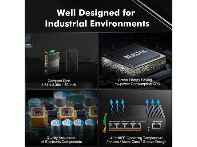 MokerLink 5 Port PoE Gigabit Industrial DIN-Rail Ethernet Switch, 14Gbps Switching Capacity, IP40 Rated Network Switch (-40 to 185°F), with UL...