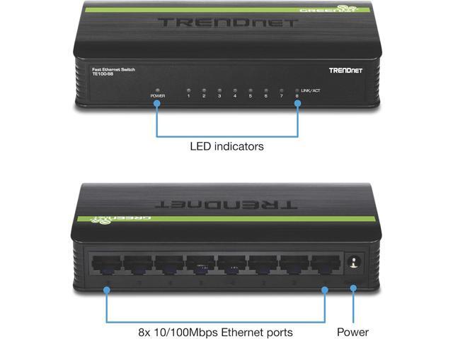 TRENDnet 8-Port Unmanaged 10/100 Mbps GREENnet Ethernet Desktop Switch, TE100-S8, 8x10/100 Mbps Ethernet Ports, 1.6 Gbps Switching Capacity,...