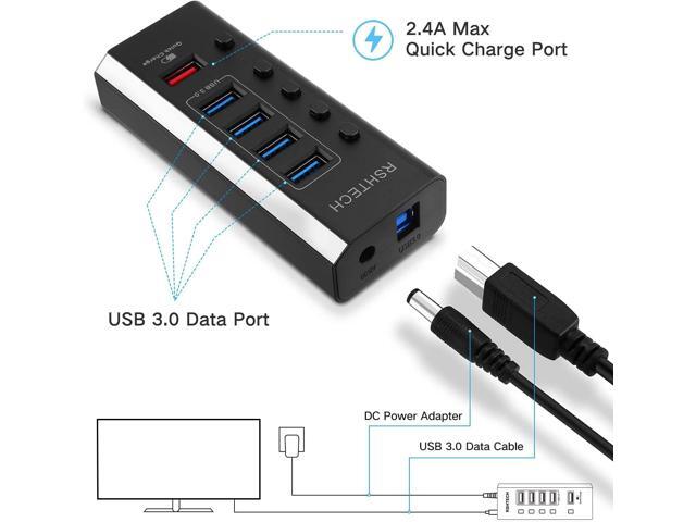 Powered USB Hub, RSHTECH USB 3 Hub with 4 USB 3.0 Data Ports + 1 USB Fast Charging Port, USB Splitter with 24W(12V/2A) Power Adapter and Individual...