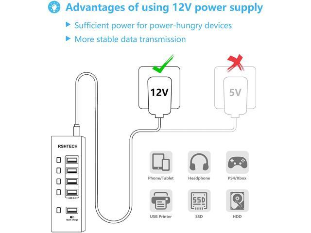 Powered USB Hub, RSHTECH USB 3 Hub with 4 USB 3.0 Data Ports + 1 USB Fast Charging Port, USB Splitter with 24W(12V/2A) Power Adapter and Individual...