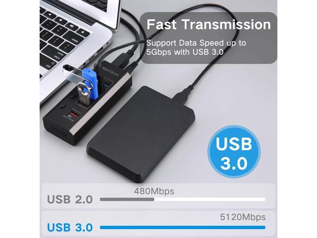 Powered USB Hub, RSHTECH USB 3 Hub with 4 USB 3.0 Data Ports + 1 USB Fast Charging Port, USB Splitter with 24W(12V/2A) Power Adapter and Individual...