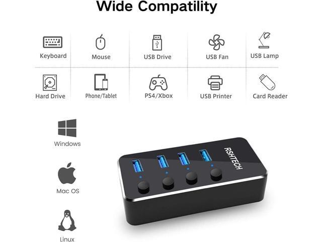 Powered USB hub 4 Port USB C to USB 3.0 Port Hub Expander Aluminum Portable USB 3.0 hub Splitter with 5V AC Adapter and Individual On/Off Switches...