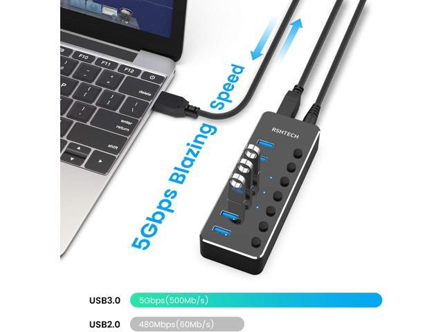 USB 3.0 Hub, RSHTECH 7 Port Powered USB Hub Expander Aluminum USB 3.0 Data Port hub with Universal 5V AC Adapter and Individual On/Off Switches USB...
