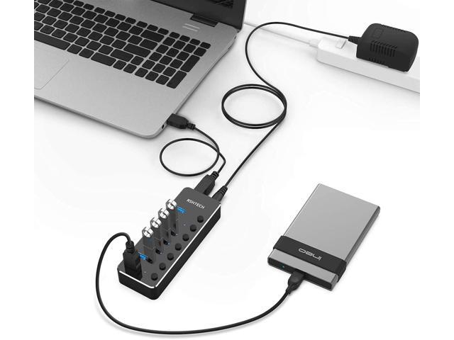 USB 3.0 Hub, RSHTECH 7 Port Powered USB Hub Expander Aluminum USB 3.0 Data Port hub with Universal 5V AC Adapter and Individual On/Off Switches USB...