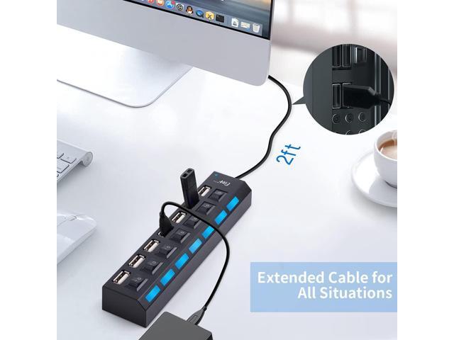 7-Port USB Hub USB 2.0 Hub Data Transfer with Individual Switches Indicator Lights for PC Laptop