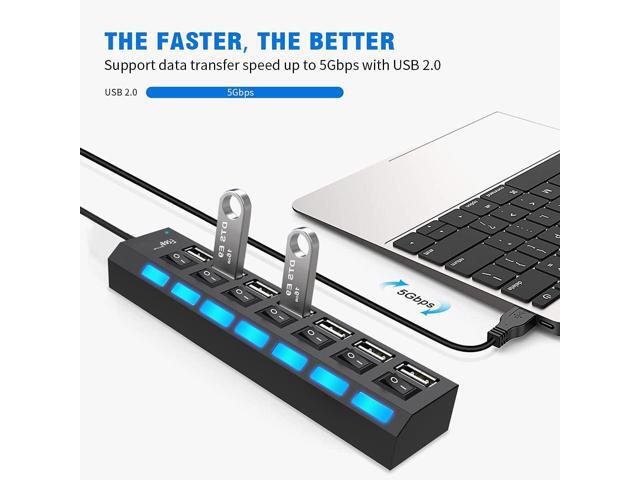7-Port USB Hub USB 2.0 Hub Data Transfer with Individual Switches Indicator Lights for PC Laptop