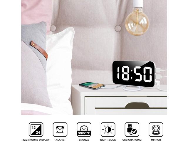 White Digital Alarm Clock for Bedrooms, Large LED Mirror Display Despertador Digital, 2 USB Charging Ports, Auto Dim Mode, Clocks for Bedroom...