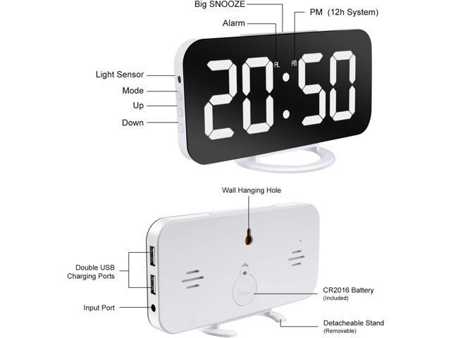 White Digital Alarm Clock for Bedrooms, Large LED Mirror Display Despertador Digital, 2 USB Charging Ports, Auto Dim Mode, Clocks for Bedroom...