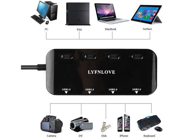 Multi USB Port Expander, LYFNLOVE Ultra Slim USB Hub 3.0, 4-Ports USB Splitter High-Speed USB Data Hub with Individual On/Off Power Switches for...