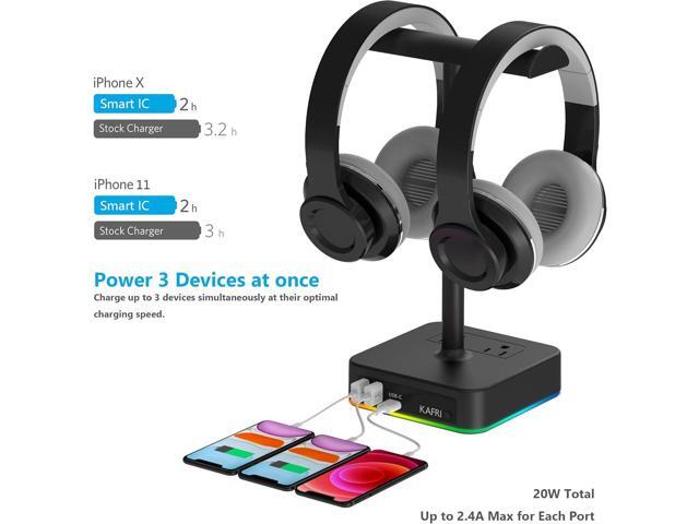 KAFRI RGB Dual Headphone Stand with USB C Charger Desk Gaming Double Headset Holder Hanger Rack with 3 USB Charging Port and 2 Outlet - Suitable...