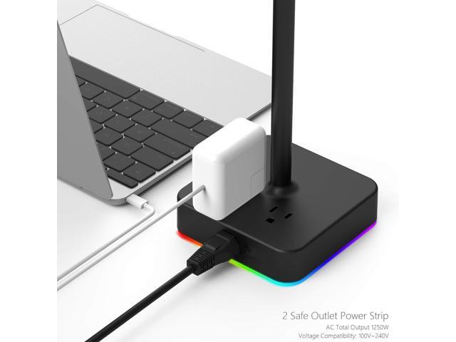 KAFRI RGB Dual Headphone Stand with USB C Charger Desk Gaming Double Headset Holder Hanger Rack with 3 USB Charging Port and 2 Outlet - Suitable...