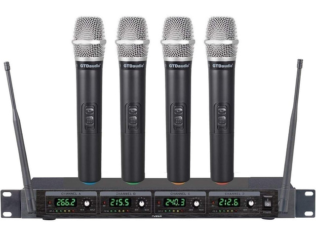 GTDaudio 4 Handheld Wireless Microphone Cordless mics System Ideal for church, Karaoke, Dj Party, Range up to 300 ft,
