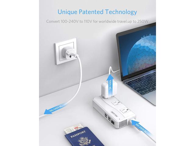 BESTEK International Power Adapter 250W, 220V to 110V Step Down Travel Voltage Converter with 4-Port USB Including US/AU/EU/UK//India/South Africa...